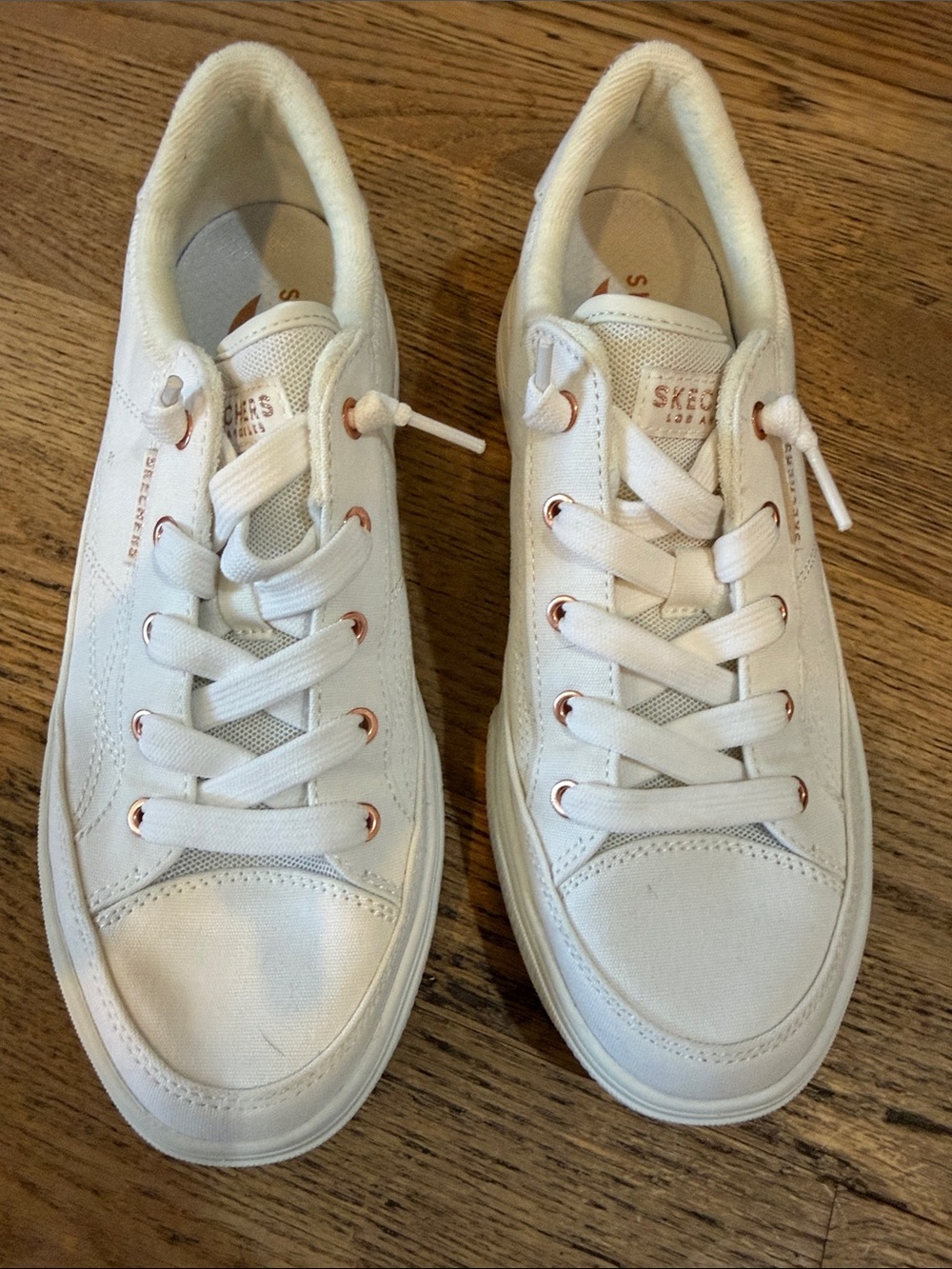 Skechers White Canvas Sneakers with Rose Gold Eyelets